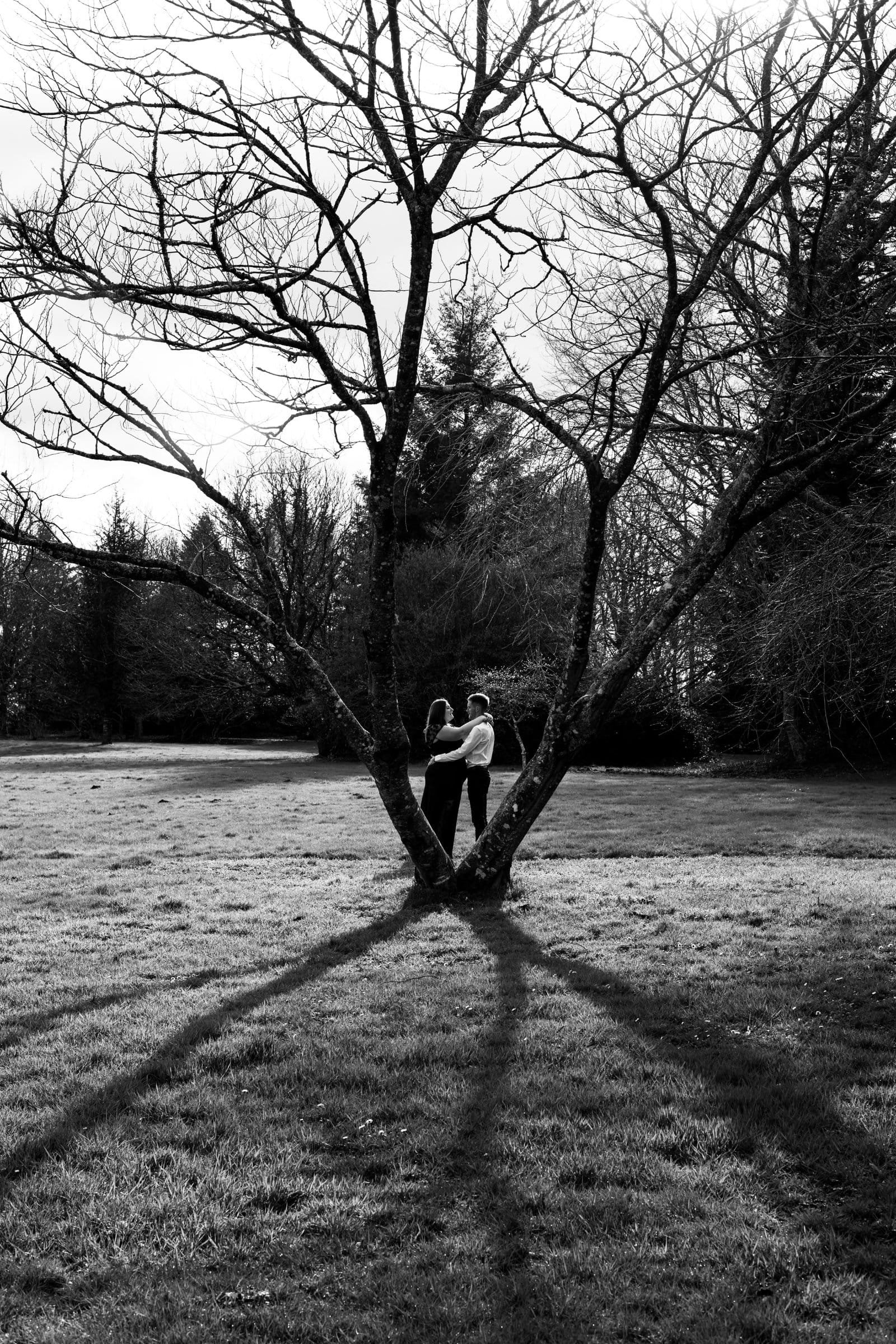 Photo artistique en noir et blanc d’un couple sous un arbre au Faou par AEL Photos
